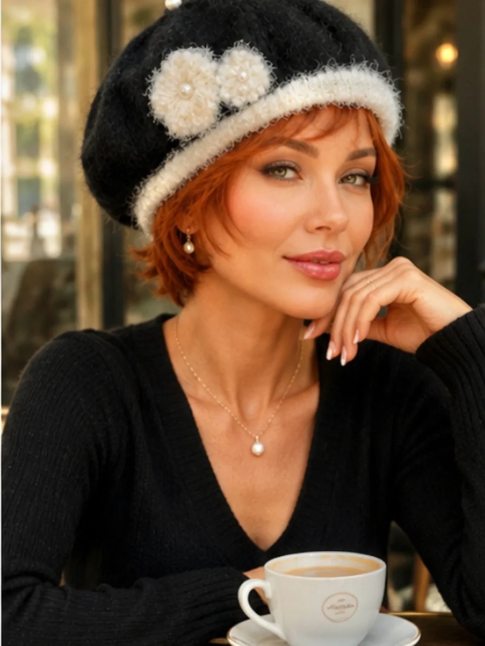 Slouch Beret Beanie Hat Designer “ Hand Knits 2 Love” Flowers Pearl Black White